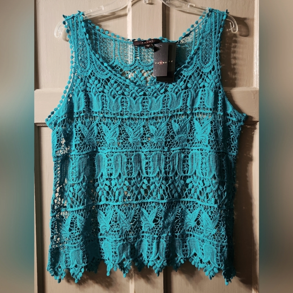 NWT Fever Bali Turquoise Crochet Lace Butterfly & Tulips Tank Top XL $58